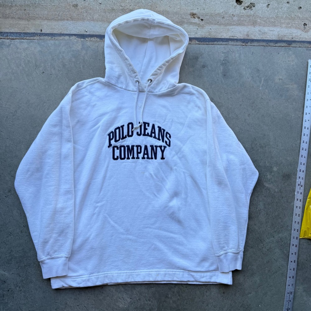 Vintage Polo Jeans Co Ralph Lauren Hoodie White Navy Blue Logo Made in Canada ML